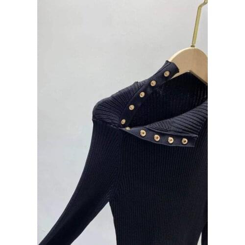 Women Knit Dress Metal Buttons 2021 Spring Autumn Long Sleeve Slim Waist Dress Half High Collar Ladies Midi Robe