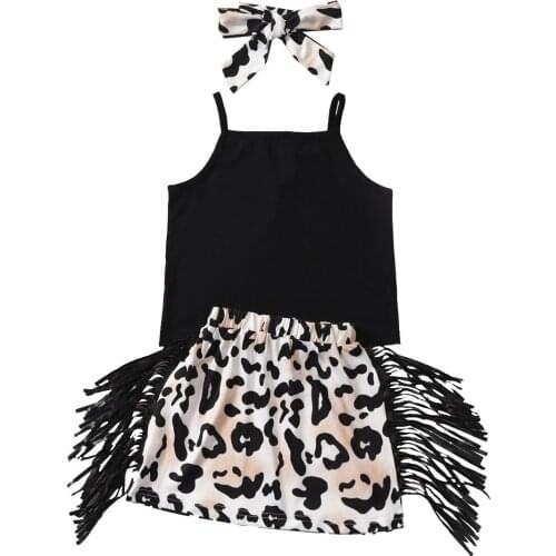 2021 2-7Y Kids Baby Girl Clothing Fashion New Black Solid Sleeveless Top Vest+Leopard Print Tassel Shorts Summer 3pcs Set