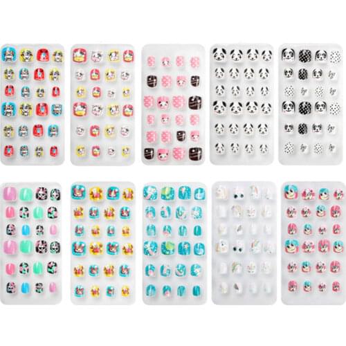 24 Pcs Childrens Nails Cartoon Pattern Wearable Finish Nail Art Kids Patch Portable Childrens Party Nail Decoration Tape Glue