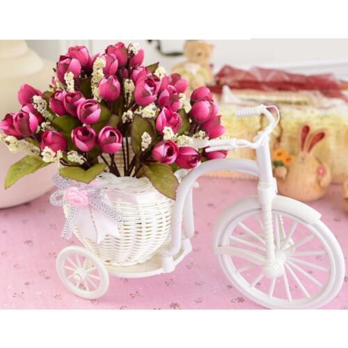 Plant Decorative Shelf White Tricycle Bike Rattan Plastic Design Flower Basket Flower Arrangement Container Home Wedding Decor
