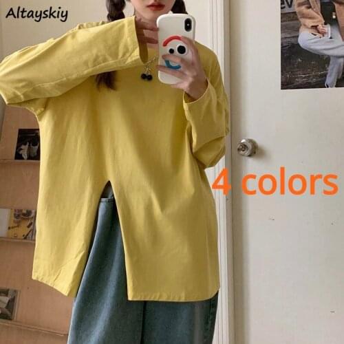 4 Colors Basic T-shirts Women Solid Side-slit Trendy Korean Style Simple Hot Sale Chic Female Tops College Streetwear Popular