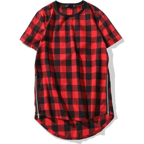 Summer New Streetwear Plaid Rounded Hem Zipper Men T-shirt Trending Design Fashion Simple Cotton T Shirt Tee Top