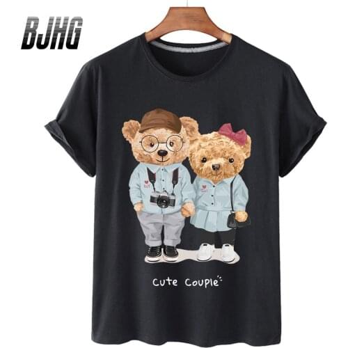 100% Cotton Sweet Bear Short-sleeved T-shirt Womens Half-sleeved Loose Summer Casual Oversized T-shirt Mens Shirt S-4XL