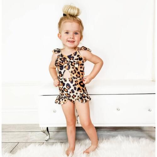 Little Girls Leopard Print Jumpsuit O-neck Sleeveless Hollow Out Ruffle Short Pants One-piece Swimsuit with Bow