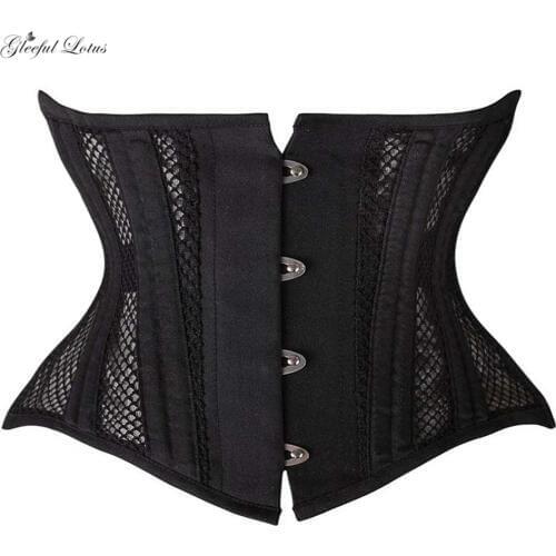 Short Torso Underbust Corset Waist Trainer Gothic Steampunk Bustier Corset Body Shaper 26 Steel Boned Breathable Mesh Lace Up