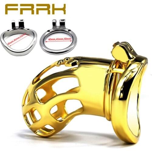 Best Male Chastity Belt Device Golden Stainless Steel Cock Cage Penis Ring Lock 40/45/50mm Ring Sex Toys For Men Adult Games