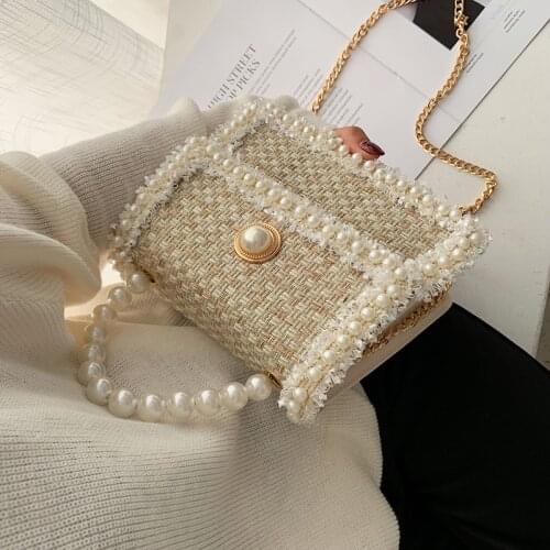 Ins Harajuku small square bag female new Korean fashion solid pearl portable chain chic shoulder casual female Messenger bag