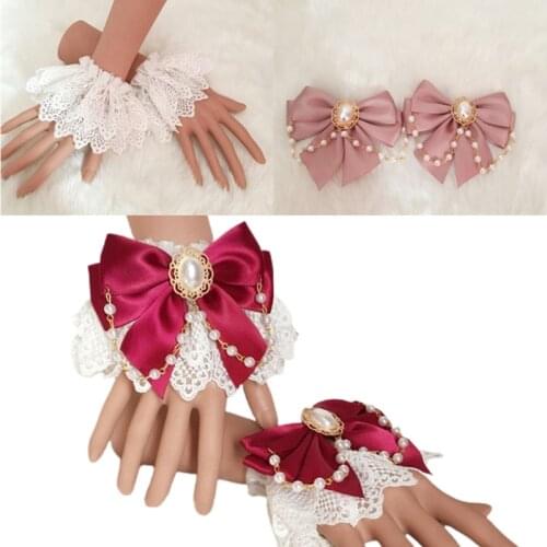 Japanese Sweet Lolita Hand Wrist Cuffs Double Layer Floral Lace Bowknot Bracelet Wristband Imitation Pearl Chain Jewelry Maid Te