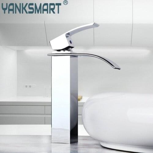 YANKSMART Luxury Chrome Polished Bathroom Faucet Waterfall Deck Mounted Basin Sink Faucet Washbasin Mixer Water Tap Bath Faucet