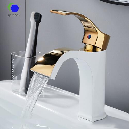 QCFOISON bathroom waterfall basin faucet toilet brass chrome bath wide spout washbasin faucets gold white wash hands water tap