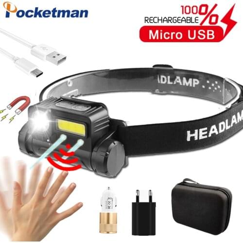 Motion Sensor LED Headlamp with USB Rechargeable Side Magnet Headlight Waterproof Head Flashlight Fishing Lantern Camping Torch