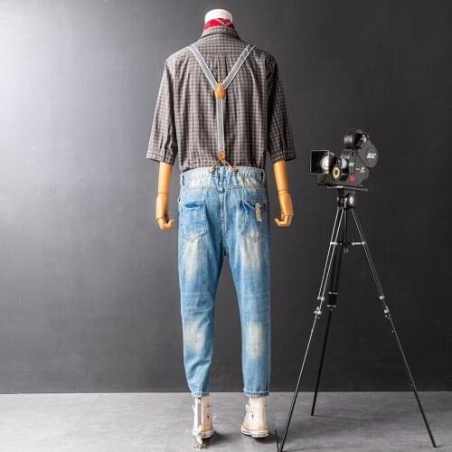 Vintage Hole Ripped Straight Denim Overalls Men High Waist Strap Jumpsuits Casual Ankle Length Cargo Jeans Pencil Pants Rompers