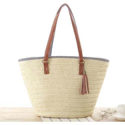 Large Capacity Wicker Woven Shoulder Bags Casual Tassel Straw Bags Rattan Women Handbags Bucket Bag Summer Beach Purses Tote New