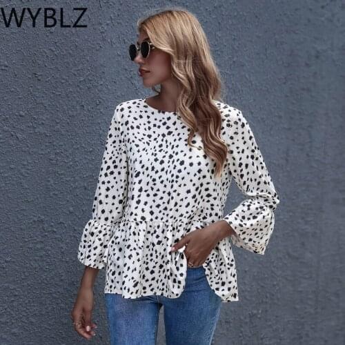 WYBLZ 2021 Autumn Womens Stylish Shirts Polka dot Blouses Long Sleeve Casual Solid Ruffles Tops Loose Blusas Femininas
