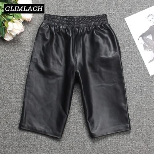 2020 Woman Genuine Leather Midi Long Black Trousers Female Sheepskin Loose Wide Leg Short Pant Casual 100% Real Leather Hotpants