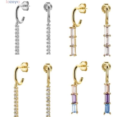 LOZOYA 925 Sterling Silver Line Colorful Rainbow Women Crystal Luxury Hoops Long Circle Earring Zircon CZ Wedding Jewelry