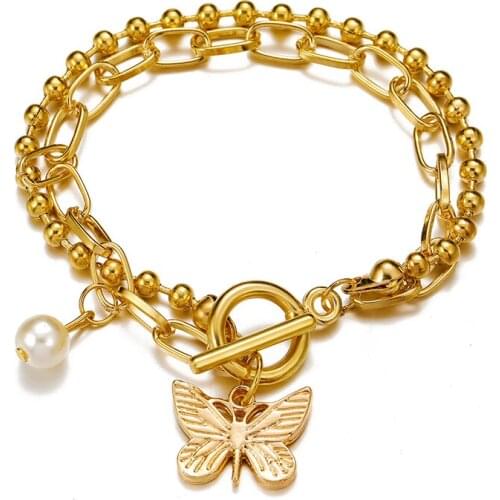 Gold Color Double Layer Butterfly Pendant Anklet for Women OT Buckle Bracelets Ankle On Leg Hip Hop Summer Beach Sandal Jewelry