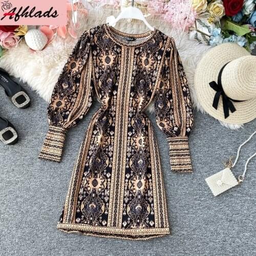 Spring And Autumn New Printed High Waist Bandage Dress Round Neck Fashion Vintage Puff Long Sleeve Party Bodycon Vestidos
