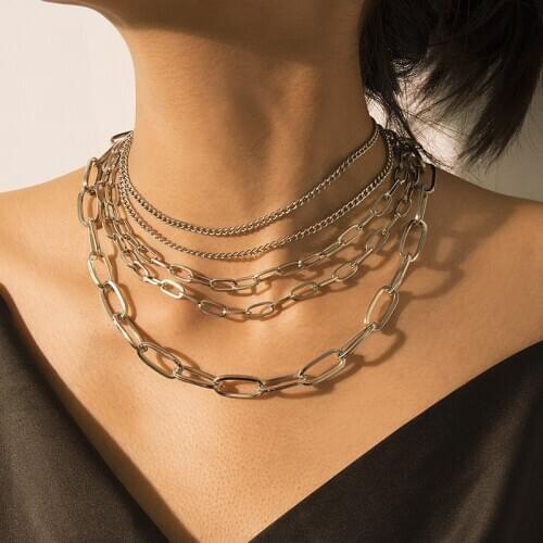 Punk Exaggerated Multilayer Thick Chains Necklace for Women Vintage Hiphop Geometric Choker Necklace Creative Jewelry Kolye