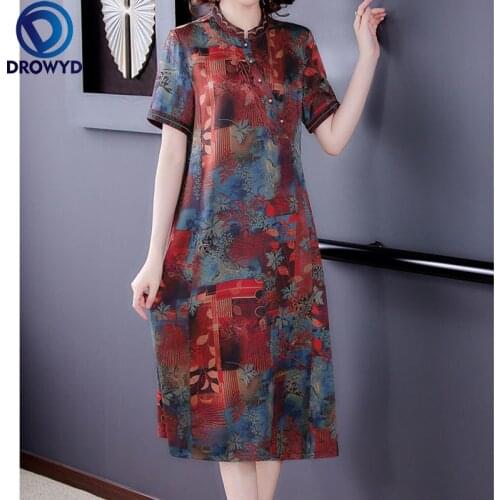 Women Dress Summer 2021 New Casual Print Silk Short Sleeve Embroidery O-Neck Turn-down Collar Red Dresses Elegant Party Vestidos