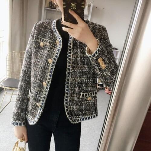 S~2XL 2021 new elegant women spring/autumn designer wool tweed coat plaid knitted slim jacket short metal button chic OL jacket