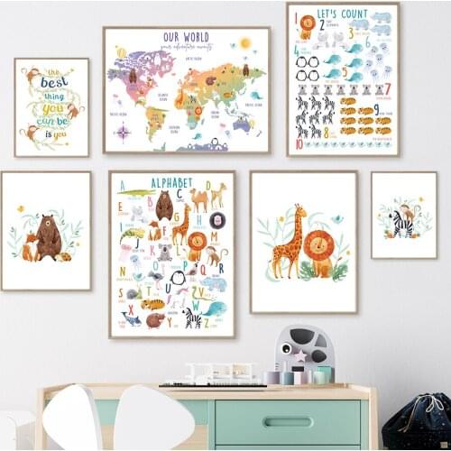 Animal World Map Alphabet Count Number Wall Art Canvas Painting Nordic Posters And Prints Kids Wall Pictures For Baby Room Decor