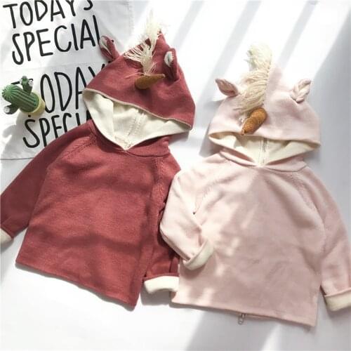 Girls Winter Clothing Cartoon Unicorn Ear Hooded Sweater Toddler Kids Knitting Back Zipper Pullover Halloween Costume