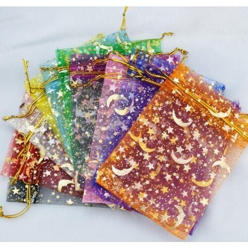 100pcs 10Colors Jewelry Bag 7x9 9X12cm Star Moon Drawstrings Bags Wedding Gift Organza bag Jewelry Packaging Display Pouches