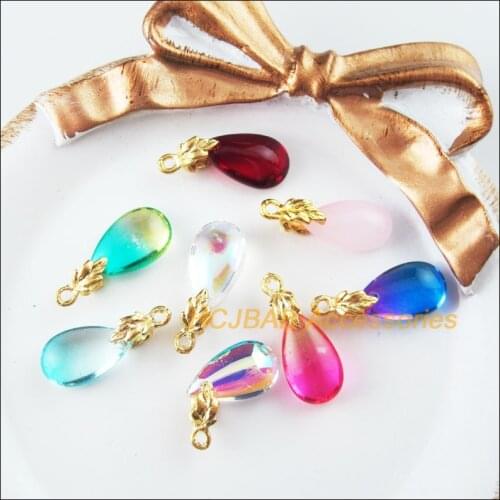 16Pcs Mixed Crystal Teardrop Charms Gold Color Leaves Bail 8x21mm