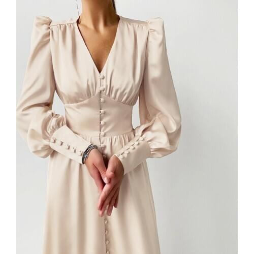 Satin V-Neck Single Breasted Womens Dress High Waist Lantern Sleeve A-Line Party Female Dresses 2021 Autumn Elegant Vestidos