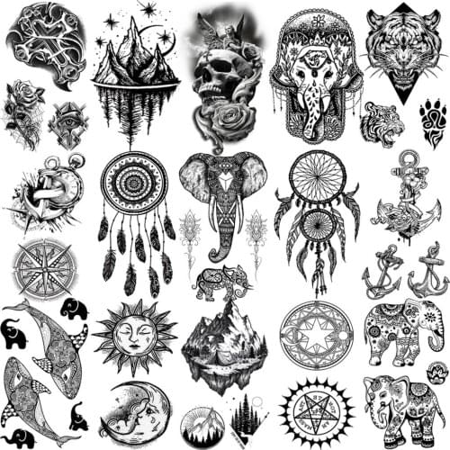 Black Henna Elephant Temporary Tattoos For Women Adult Men Kids Cross Tiger Whale Mountain Anchor Fake Tattoo Neck Small Tatoos