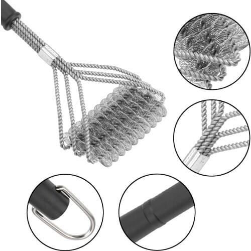 Stainless Steel with Solid Handle Triple-Head Grill Scraper BBQ Accessories Barbecue Cleaning Brush BBQ Cleaner Wire Bristles