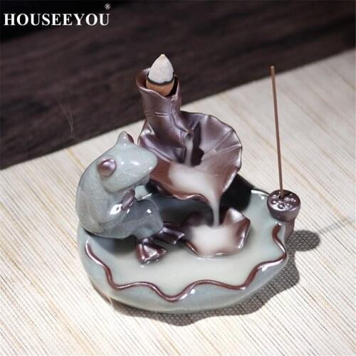 Glazed Ceramic Animal Figure Back Incense Burner Creative Lotus Leaf Tea Ceremony Aromatherapy Furnace Desktop Zen Ornaments
