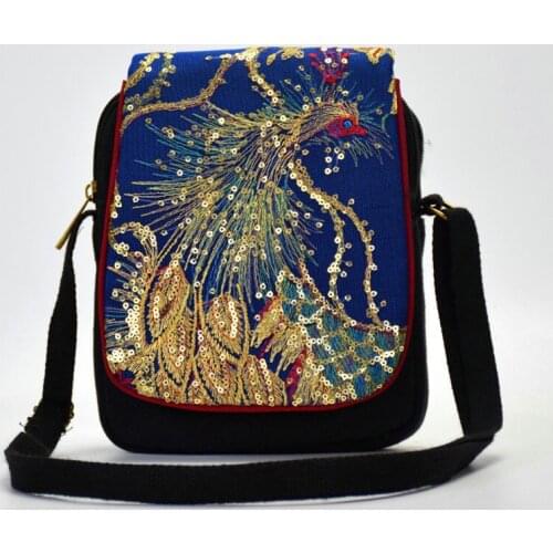 Folk embroidery embroidered bag canvas shoulder inclined across small peacock phoenix sequins embroidery package