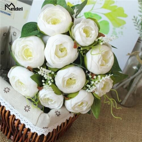 Meldel 1 Bunch Artificial Tea Roses Flowers Bouquet Silk Roses Flowers for Party Wedding Home Table Decor Imitation Fake Flowers