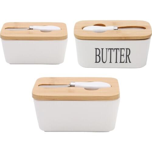 Ceramic Butter Dish with Knife Airtight Butter Keeper Storage Box with Natural Bamboo Wooden Lid