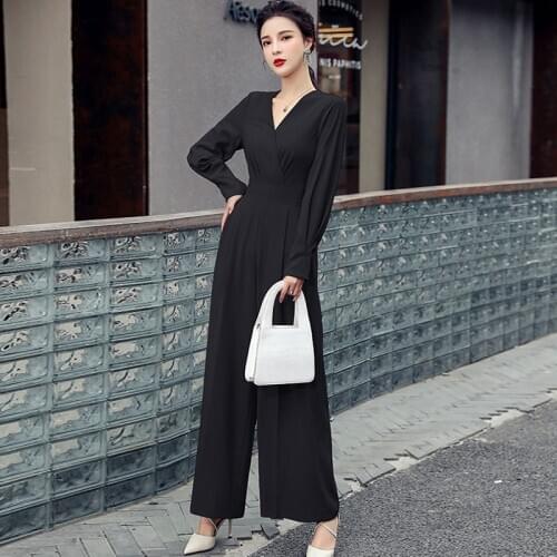 New arrival fashion spring women OL casual wide leg pants street style temperament chiffon v-neck high waist loose long jumpsuit