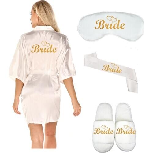 4pc set of bride robe eyemask slippers sash bridesmaid kimono wedding bridal party Bachelorette bathrobe getting ready robes