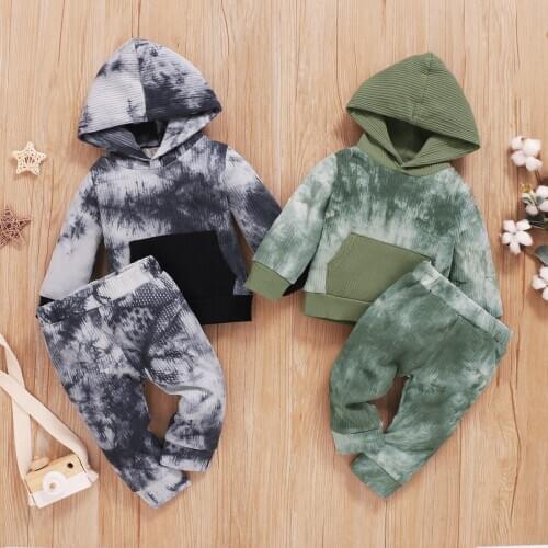 New Infant Baby Tie-dye 2Pcs Pajama Set Long Sleeve Pocket Hoodies + Elastic Waist Pants Sets Loungewear