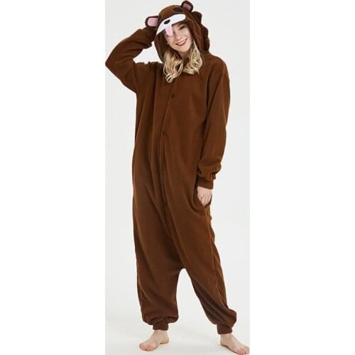 Brown Cartoon One-piece Pajamas Cute Christmas Bear Animal Cosplay Costume Hooded Onesies for Adults Women Winter Warm Sleepwear