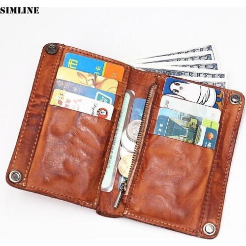 SIMLINE Genuine Leather Wallet For Men Vintage Short Bifold Mens Wallets Purse Card Holder With Zipper Coin Pocket Money Bag