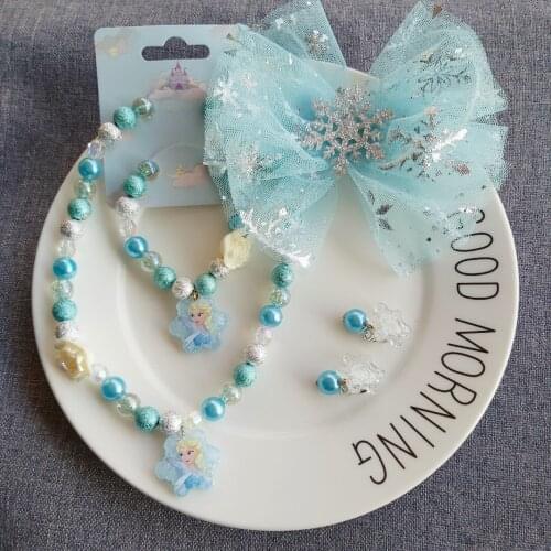 Disney childrens frozen fashion necklace bracelet hairpin earring set elsa princess queen set necklace baby doll accessories