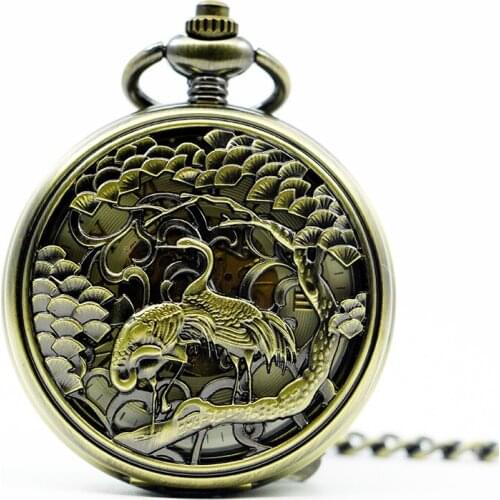 Fashion Crane Hollow Mechanical Hand Wind Skeleton Roman Numbers Men Women Pocket Watch Gift PJX1277