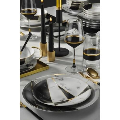 Deluxe Black&Gold Design 6 Person 24 Piece Porcelain Turkish Made Dinnerware Set