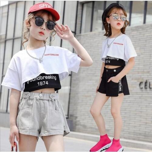 2020 new wholesale girls 3 pcs set t-shirt+vest+ denim shorts fashion summer girls suit 4-9t F405