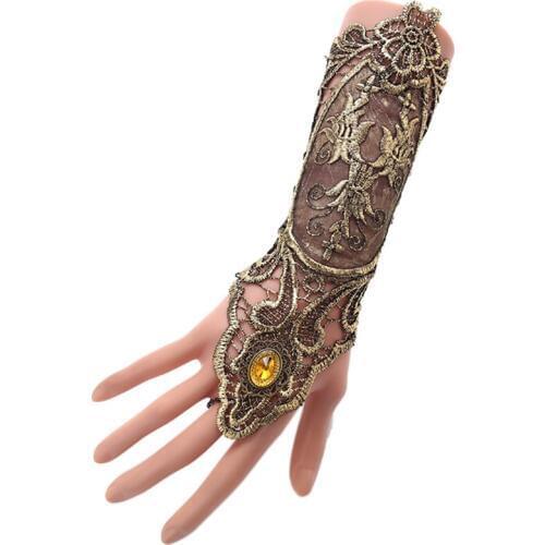 Women Steampunk Style Lace Fingerless Long Gloves Lace Hollow-Out Chain Bracelet Skid Resistant Gloves Goth Party Costumes