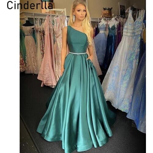 Prom Dresses One Shoulder Floor Length A-Line Sweep Train Satin Prom Dresses With Zipper Back vestidos de fiesta de noche