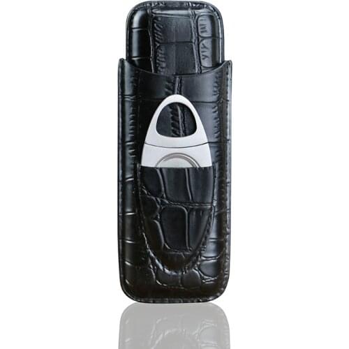 Portable Black Croco 2 Tubes Cigar Case Travel Leather Cigar Humidor Box With Cutter