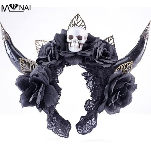 Hair Band Retro Ox Horns Devil Hair Headbands Evil Black Rose Hair Accessories Halloween Party Skull Cosplay Costumes Party