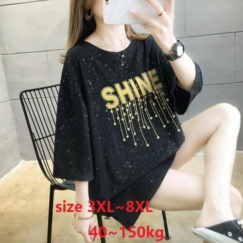 Plus Size 8XL 150kg Summer Cotton women Top Tee Shirt Large Size Big T shirt Letter Print Women Sequins T Shirt Black Ladies Top